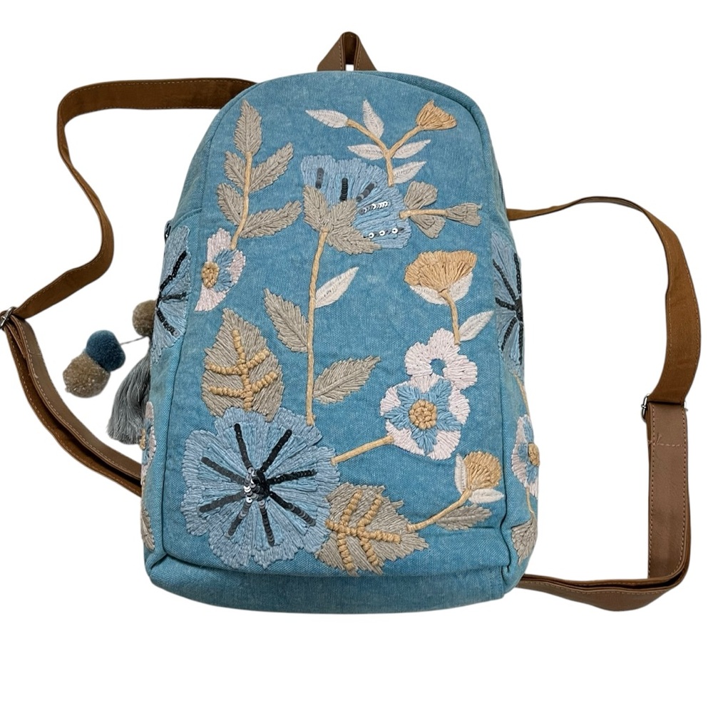 CROSSTREE LANE Floral Embroidered and Sequined Chambray Denim Backpack Purse